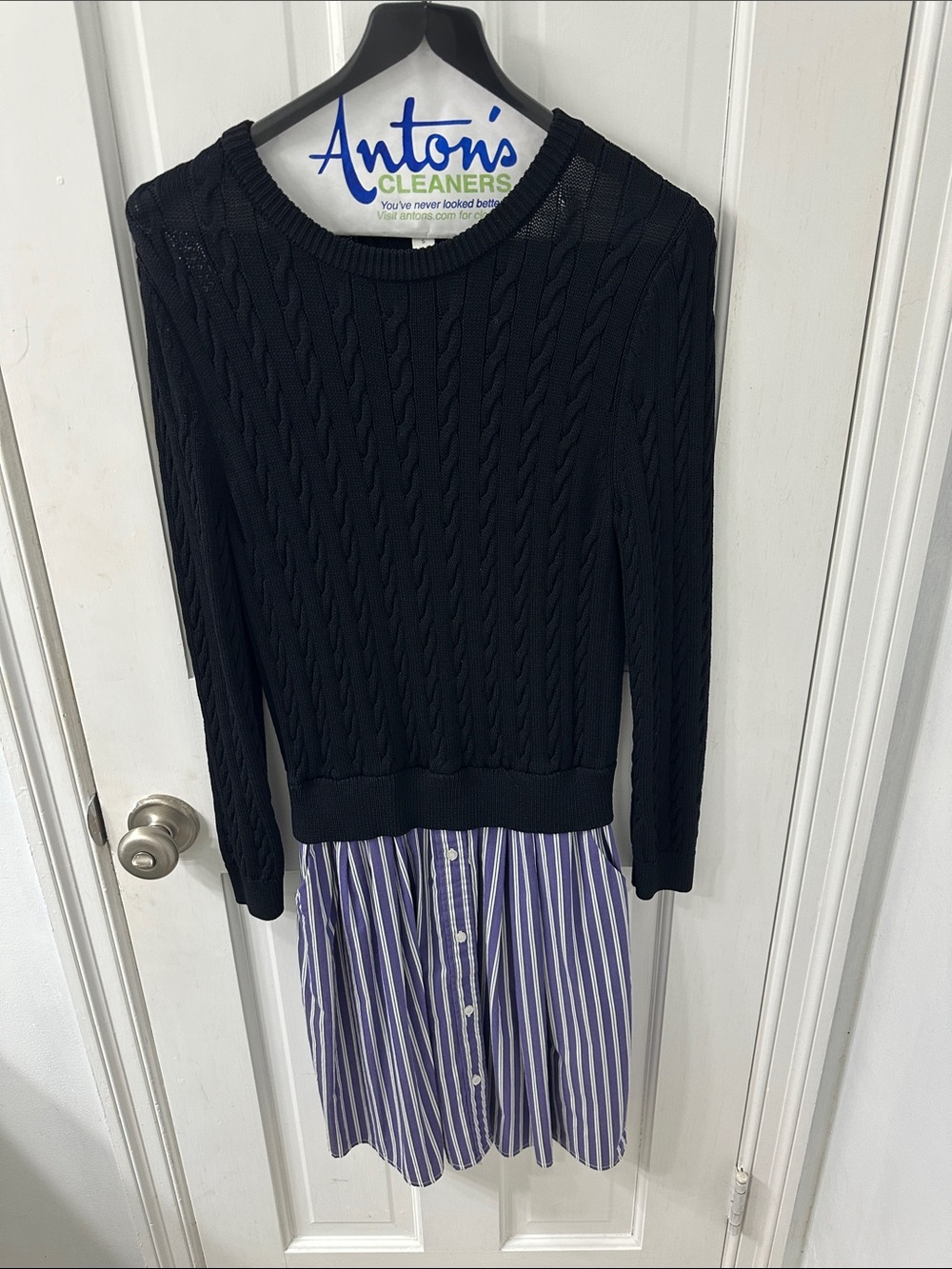 Black Cable Knit Sweater with striped dress attached- Unbranded Women’s Pullover